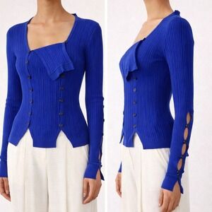 Jacquemus Royal Blue Ribbed Asymmetrical Cardigan Sweater Top 36